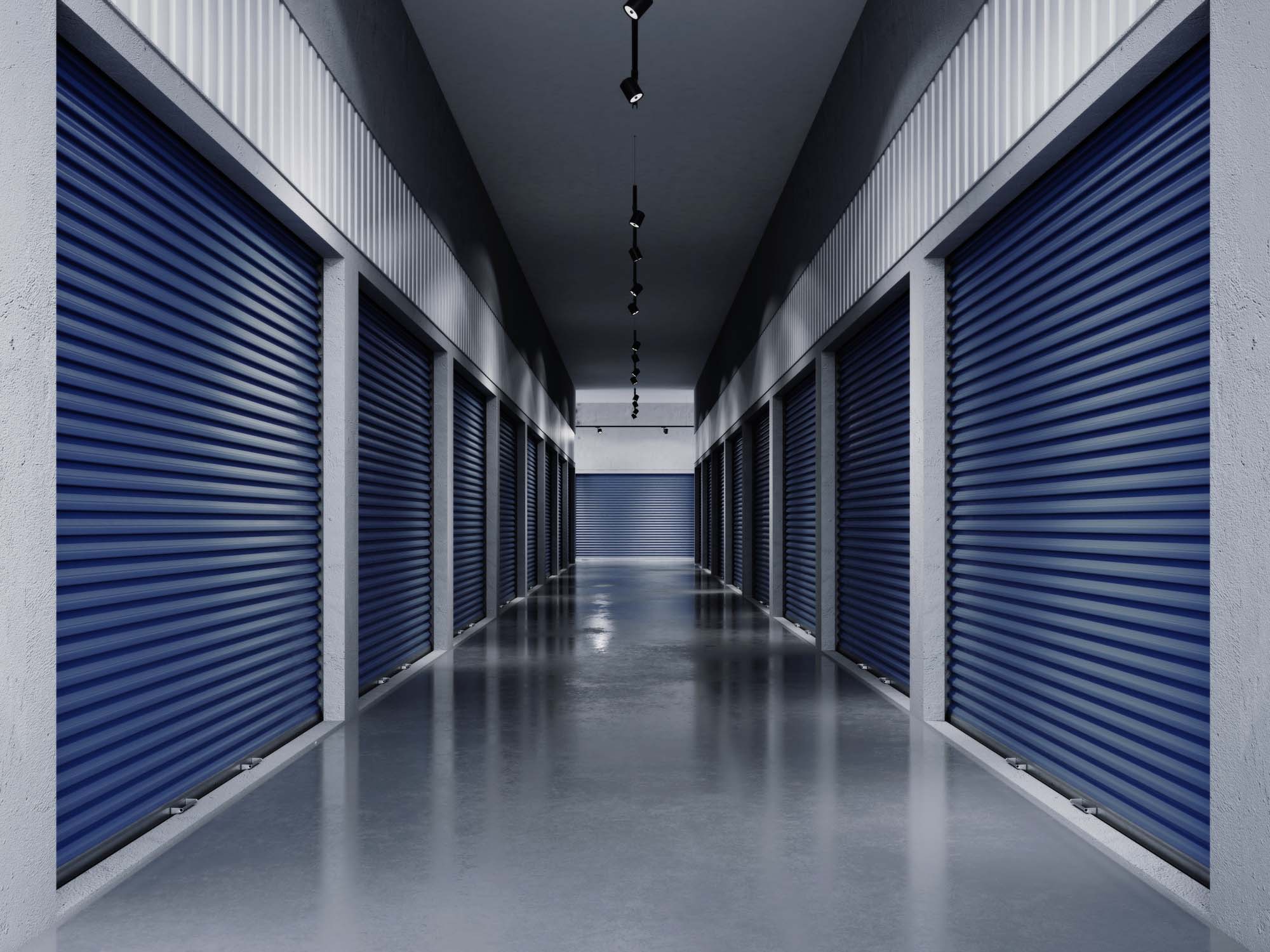 Storage facilities with blue doors. 3d rendering. Interior units Belfast | County Down | County Antrim